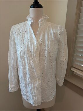 Ann Taylor White Eyelet Ruffle-Neck Button Front Blouse